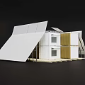 Two Story Container Building With Sloped White Roof Yellow Panels And Solar Panels