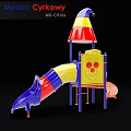 Kids Playground Equipment With Colorful Slide Yellow Smiling Face And Red Blue Yellow Tower Structure