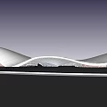 Modern Architectural Structure With Wave Shaped Roof Waterfront Reflection And People Walking