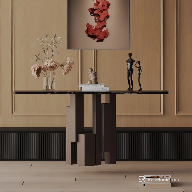 Modern Console Table With Flower Arrangement Books And Decorative Figurine On Wall Backdrop 3d model 