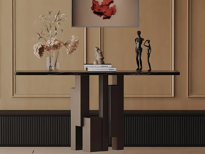 Modern Console Table With Flower Arrangement Books And Decorative Figurine On Wall Backdrop 3d model