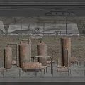 Indoor Display Of Rusty Industrial Equipment With Glass Fence Stone Wall And Traditional Chinese Architecture