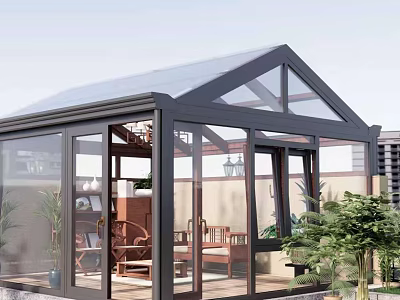 Modern Glass Sunroom Design With Dark Frame Interior And Wooden Furniture 3d model