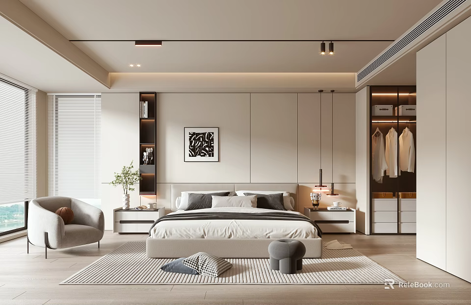 Modern Minimalist Bedroom Interior Design With Bed Nightstand Wardrobe Rug And Accent Chair 3d model 