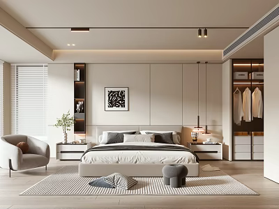 Modern Minimalist Bedroom Interior Design With Bed Nightstand Wardrobe Rug And Accent Chair 3d model