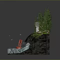 Scenic Cliffside Landscape With Small House Pine Trees Red Buoy And Turbulent Waves