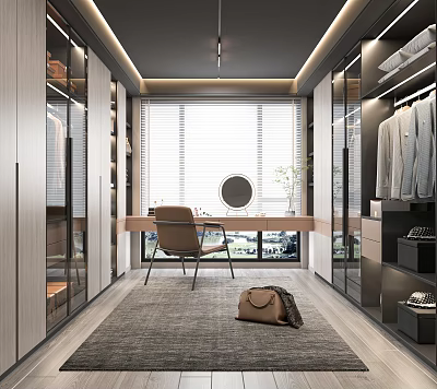 Modern Walk in Closet Design With Dressing Table Chair Mirror And Clothing Racks 3d model