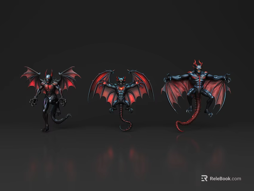 Game Movie Demon Characters In Three Poses With Red Wings Black Body And Horns 3d model 