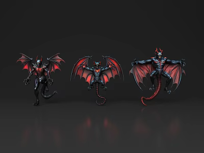 Game Movie Demon Characters In Three Poses With Red Wings Black Body And Horns 3d model