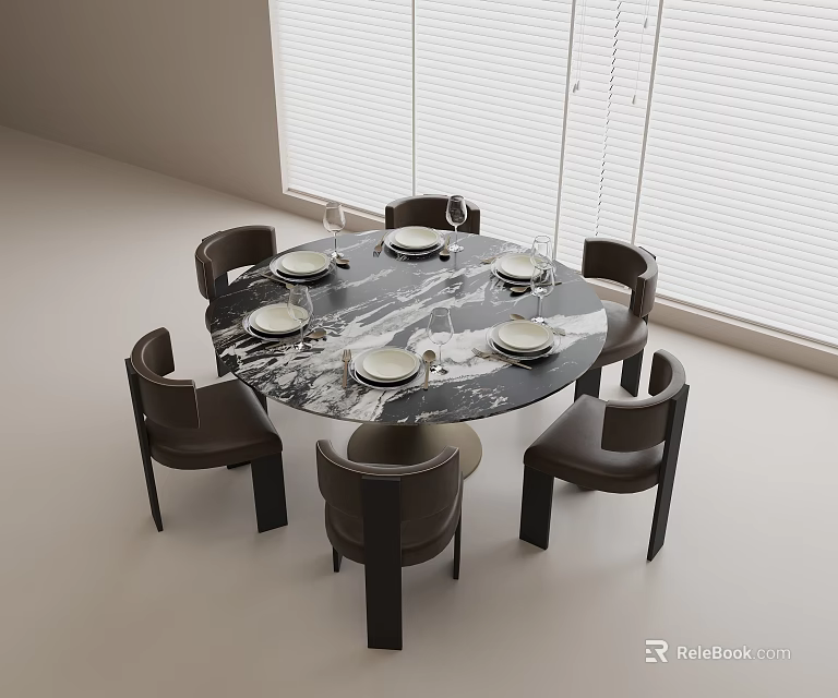 Round Marble Top Dining Table Set With Six Dark Chairs And Window Blinds 3d model