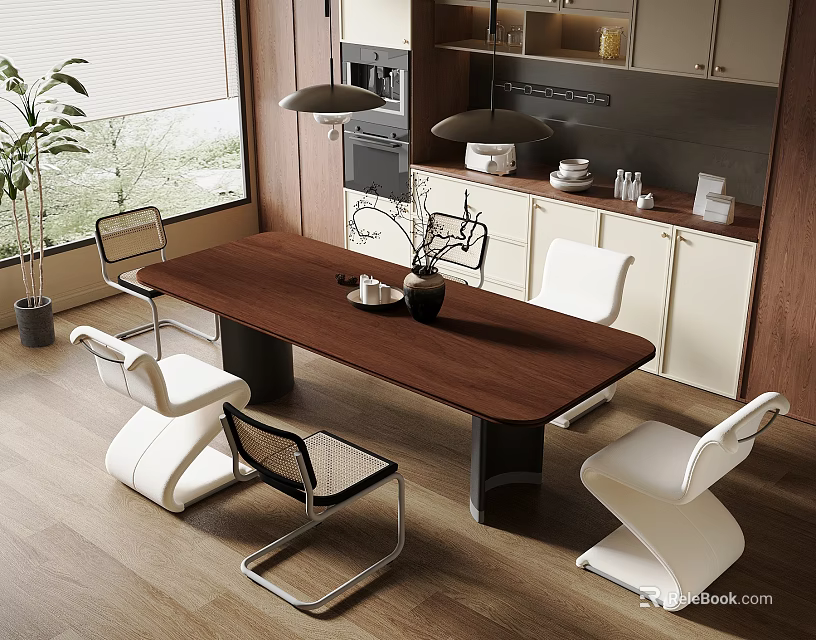 Modern Restaurant Dining Space With Brown Long Table White Black Chairs And Kitchen Cabinets 3d model 