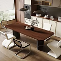 Modern Restaurant Dining Space With Brown Long Table White Black Chairs And Kitchen Cabinets