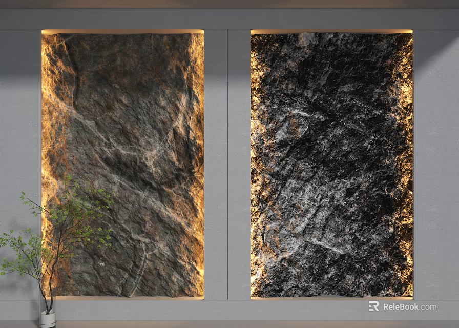 Natural Stone Background Wall With Illuminated Textured Surface And Potted Plant Decor 3d model 