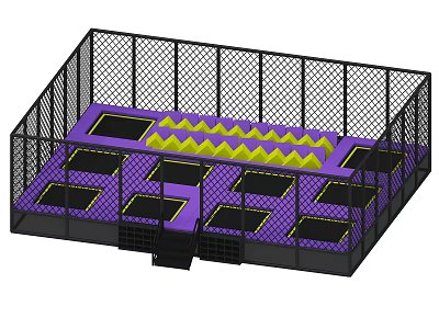 Trampoline Park Sports Equipment with Black Enclosure Purple Mats Yellow Obstacles and Multiple Jumping Zones 3d model
