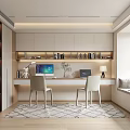 Modern Study Room With Desk Two Computer Monitors Chairs Bookshelves Window Blinds And Potted Plant