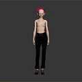 Red Haired Human Character in Sleeveless Top and Black Pants Standing Against Gray Background