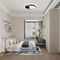 Modern Bedroom Interior Design With Cozy Bed Chandelier Bookshelf Bench Window And Soft Rug