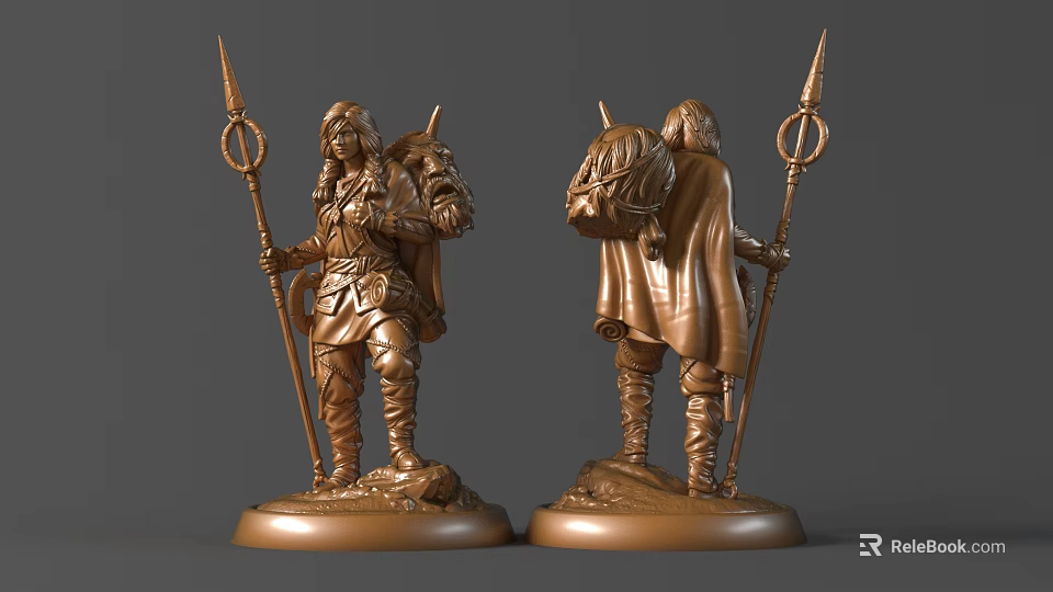 Bronze Sculpture Detailed Character Figure With Spear Ring Backpack And Cloak On Decorative Base 3d model 