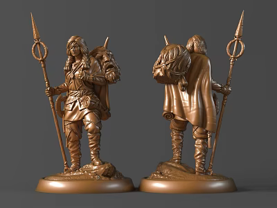 Bronze Sculpture Detailed Character Figure With Spear Ring Backpack And Cloak On Decorative Base 3d model