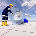 Maintenance Worker Inspecting Industrial Blower With Transparent Casing And Blue Motor