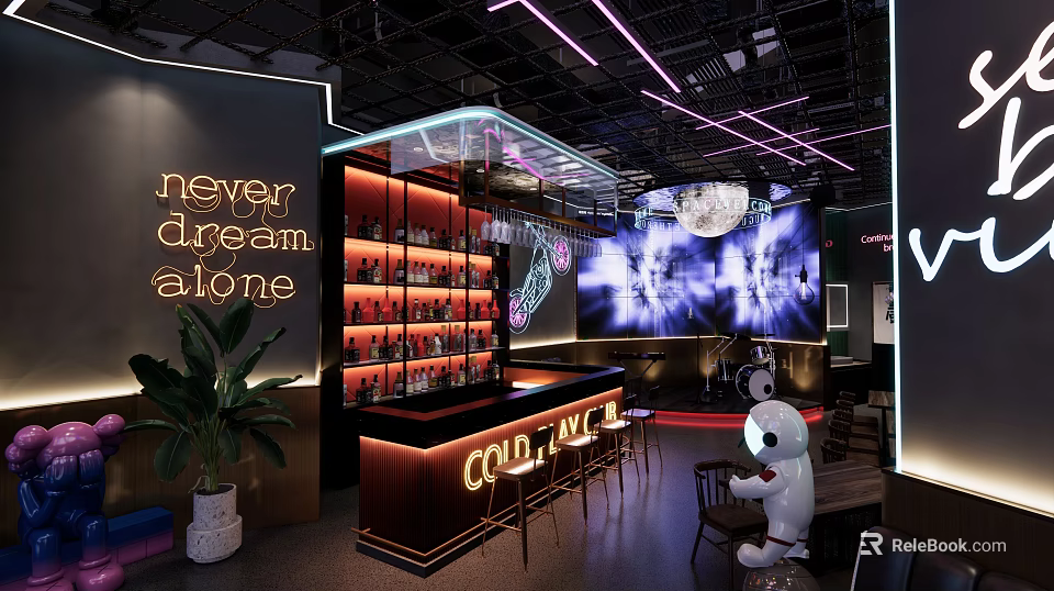 Modern Bar Interior Featuring Neon Signs Cold Love Counter Liquor Shelves And Large Plant 3d model 