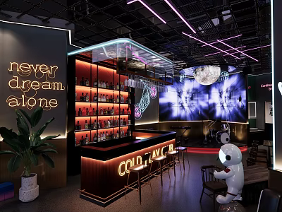 Modern Bar Interior Featuring Neon Signs Cold Love Counter Liquor Shelves And Large Plant 3d model