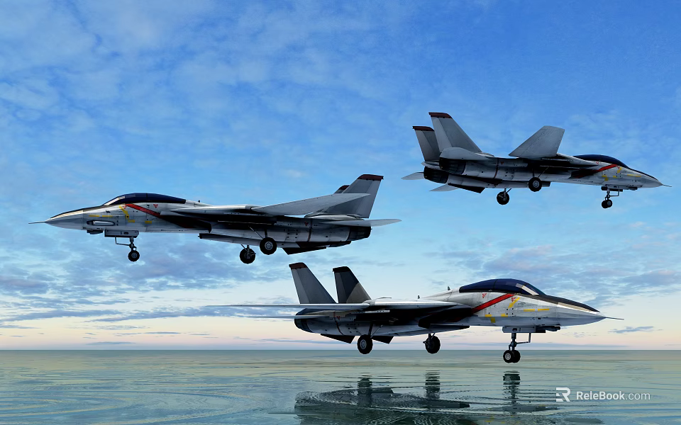 Three Fighter Jets Flying With Landing Gears Over Sky And Water Surface 3d model 