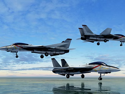 Three Fighter Jets Flying With Landing Gears Over Sky And Water Surface 3d model