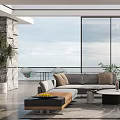 Modern Living Room Interior With Floor to Ceiling Windows Stone Wall Sofa And Coffee Tables