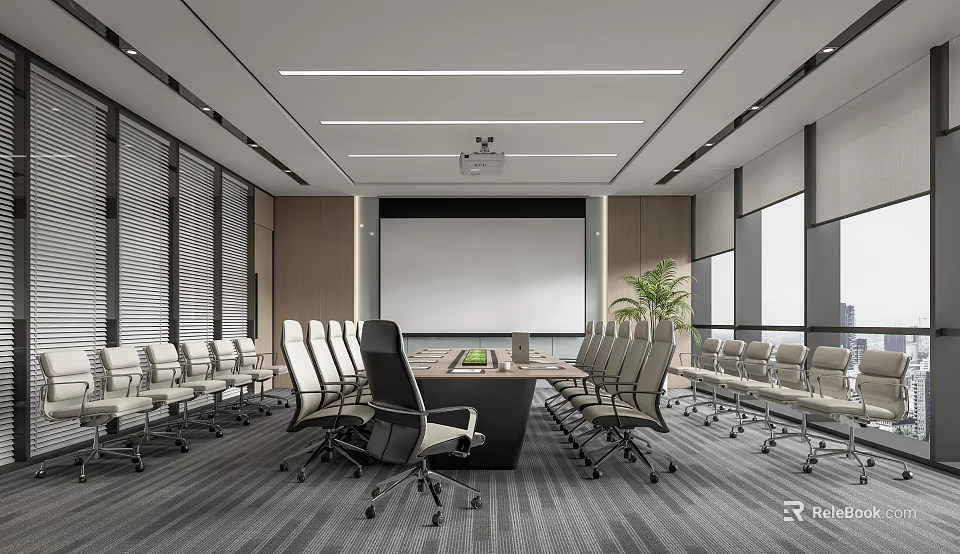Modern Conference Room Interior With Long Conference Table Projector Large Screen Windows And Potted Plant 3d model 
