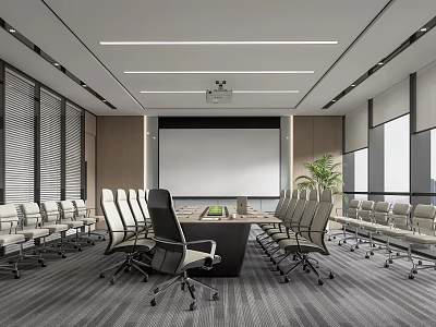 Modern Conference Room Interior With Long Conference Table Projector Large Screen Windows And Potted Plant 3d model