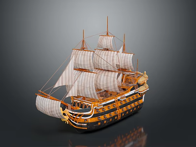 Classic Sailing Ship Model with Multiple White Sails Wooden Hull Design and Ornate Decorative Details 3d model
