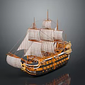 Classic Sailing Ship Model with Multiple White Sails Wooden Hull Design and Ornate Decorative Details