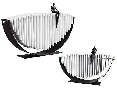 Two Piece Arched Pleated Decorative Ornament Set With Black Figurine And Black White Color 3d model