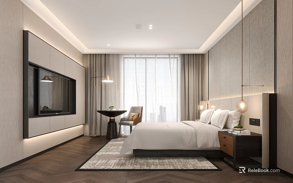 Modern Hotel Guest Room Interior With King Bed Floor-to-Ceiling Window Nightstand And TV Wall 3d model 