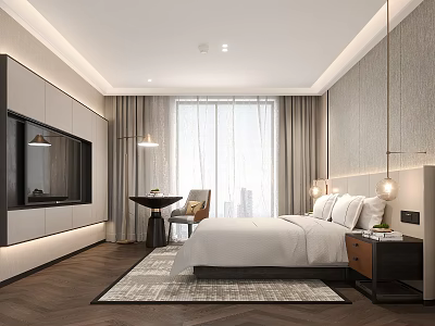 Modern Hotel Guest Room Interior With King Bed Floor-to-Ceiling Window Nightstand And TV Wall 3d model