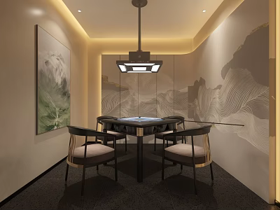 Hotel Mahjong Room With Round Table Comfortable Chairs Pendant Light And Mountain Pattern Walls 3d model