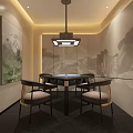 Hotel Mahjong Room With Round Table Comfortable Chairs Pendant Light And Mountain Pattern Walls 3d model