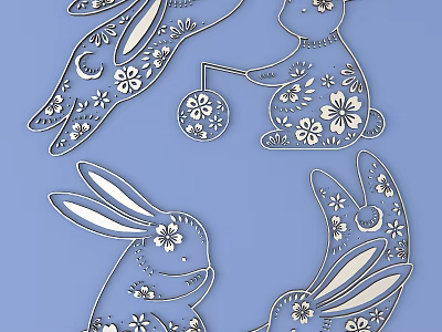 Elegant Carved Rabbit Decorative Design With Intricate Flower And Moon Patterns 3d model