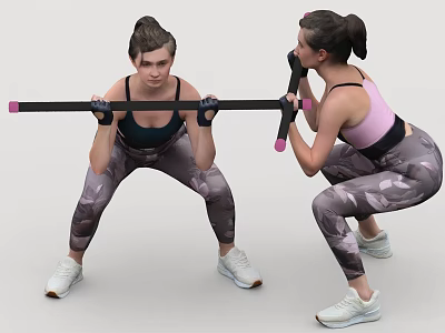 Two Women Doing Squat Exercise With Barbell In Fitness Training Session 3d model