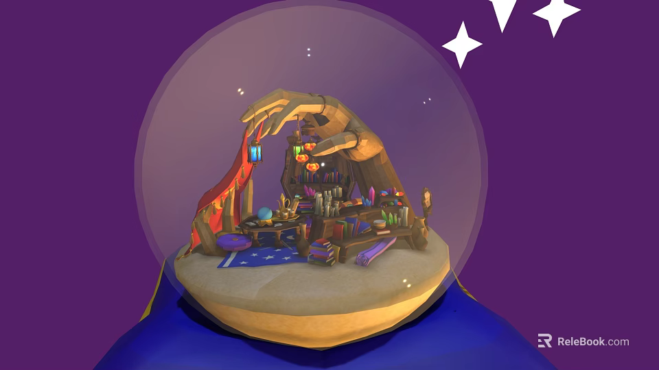 Whimsical Cartoon Scene Inside Snow Globe With Hand Shaped Workshop Magic Items And Stars 3d model 