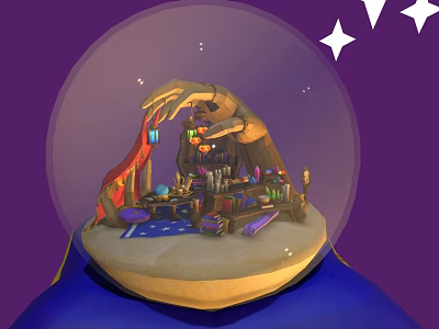 Whimsical Cartoon Scene Inside Snow Globe With Hand Shaped Workshop Magic Items And Stars 3d model