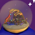 Whimsical Cartoon Scene Inside Snow Globe With Hand Shaped Workshop Magic Items And Stars