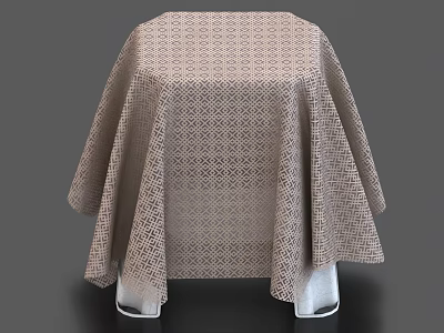Dining Table Covered With Stylish Beige Geometric Pattern Tablecloth And White Legs 3d model