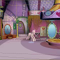 Pink Purple Cartoon Scene With Carousel Structure Mirrors Curtains And Pony
