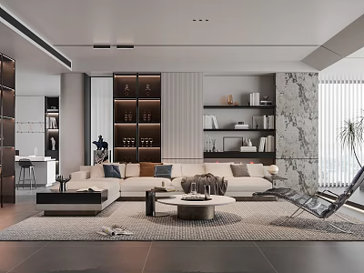 Modern Living Room Interior Design With Beige Sofa Bookshelves Marble Wall And Accent Chair 3d model
