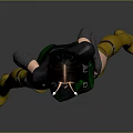 Game Movie Character In Green Black Outfit With Golden Long Boots And Horned Headpiece