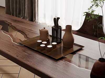 Wooden Table Setup With Metal Tray Teapot Teacups Knife Holder Vase Curtains And Green Plant 3d model