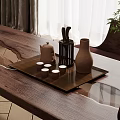 Wooden Table Setup With Metal Tray Teapot Teacups Knife Holder Vase Curtains And Green Plant