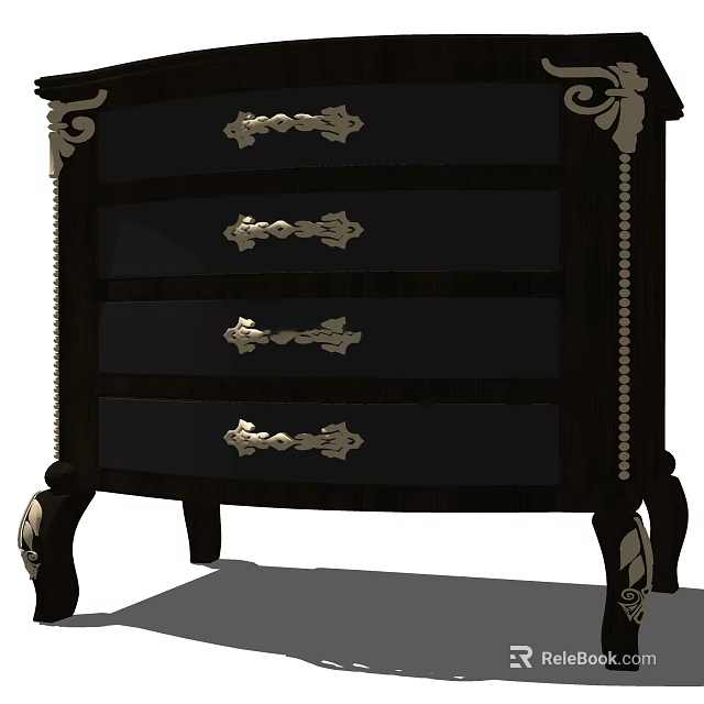 Vintage Dark Wood Nightstand With Four Drawers Golden Handles And Carved Legs 3d model 